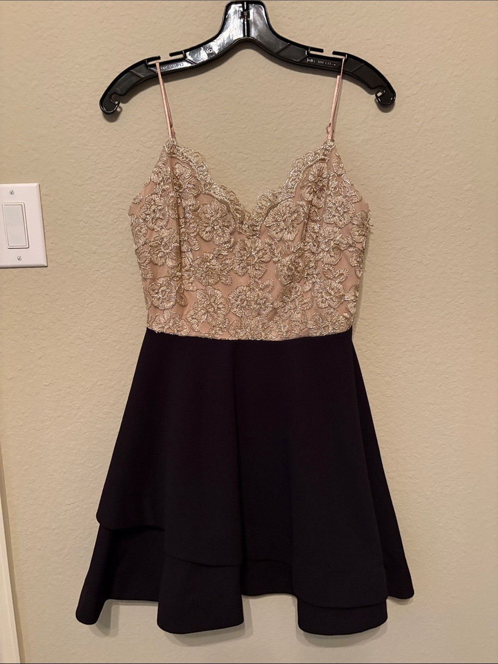 B Darlin Beige/Gold Lace Bodice Black Skater Dress
